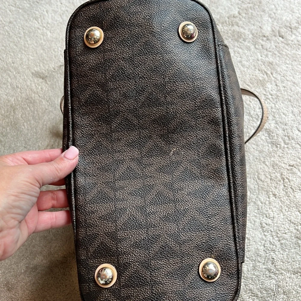 MICHAEL Michael Kors Brown Logo Tote with Pale Pink Leather Straps